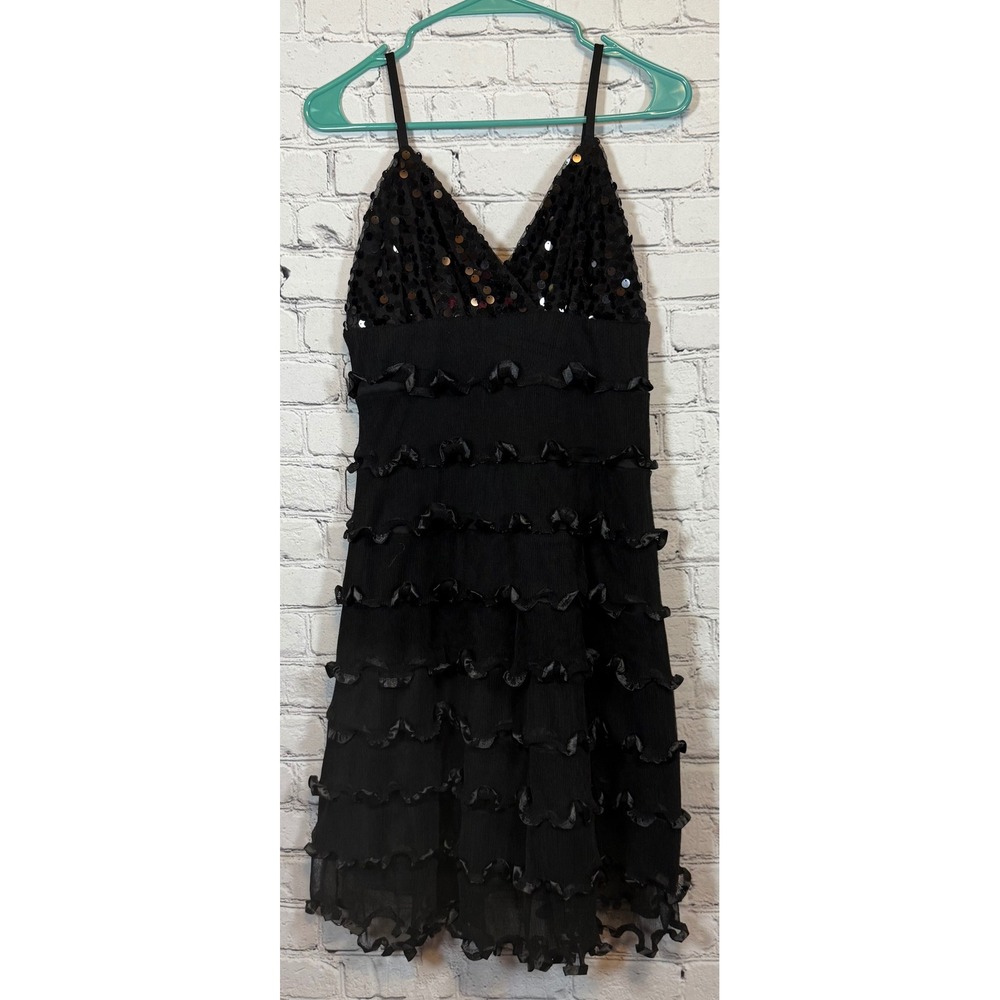 Neslay‎ Paris Sequin Party Dress Ruffle Tiered Sleeveless Black L